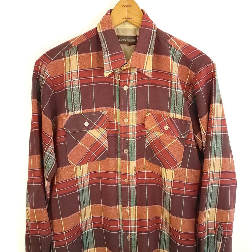 Vtg Back Packer Flannel Shirt Men’s Med Brown Tan Orange Plaid Workwear Grunge